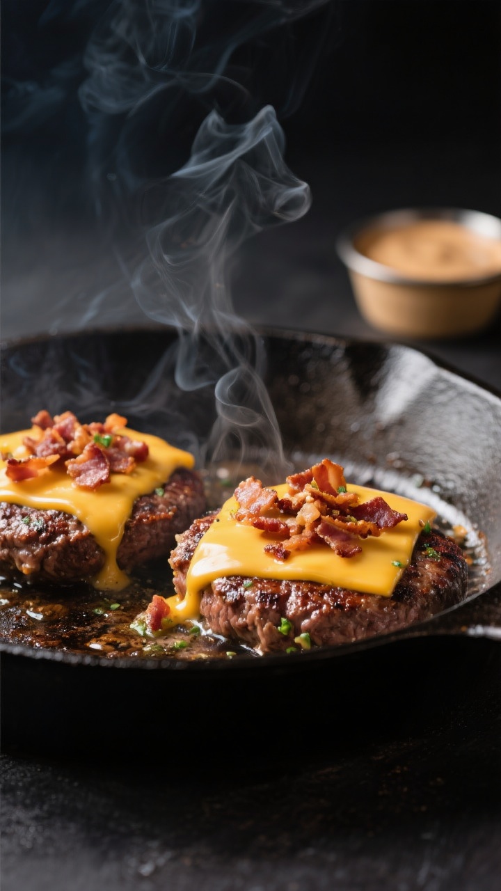Cooking process close-up: Cast-iron skillet scene with two ranch-seasoned 80/20 beef patties mid-sea