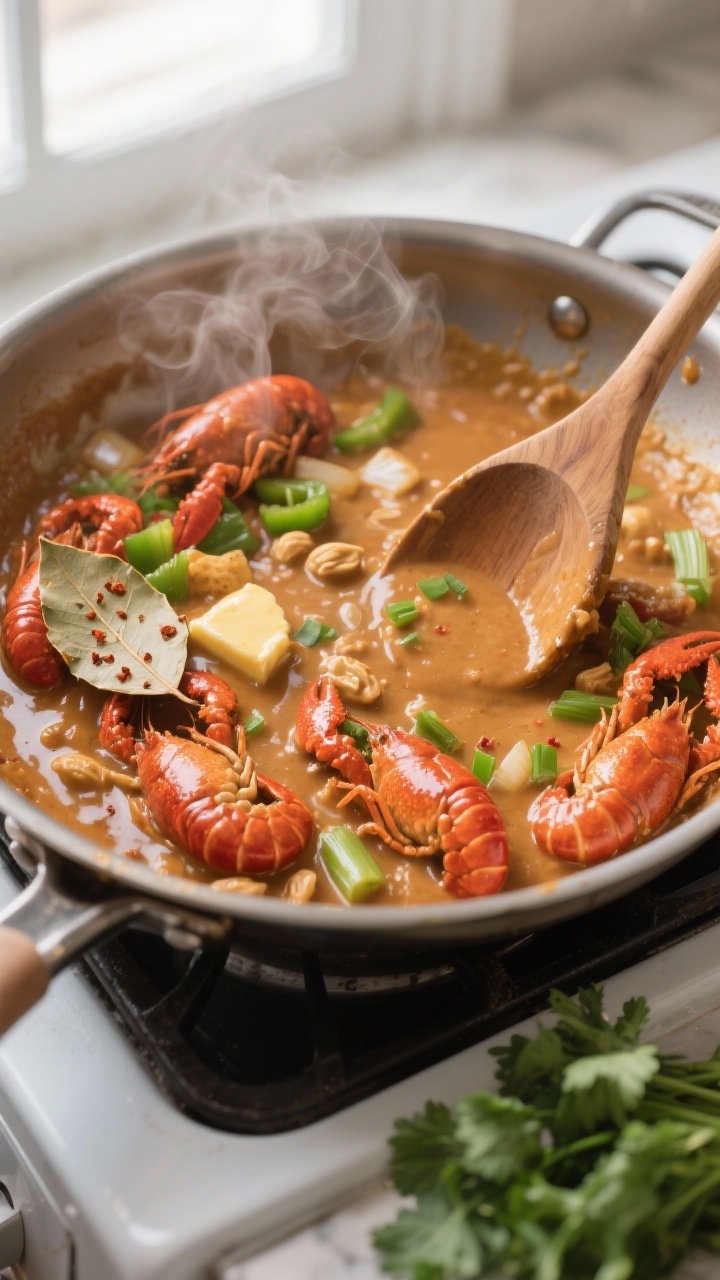 Cooking process close-up: Crawfish étouffée mid-simmer in a wide stainless skillet, showing a glos