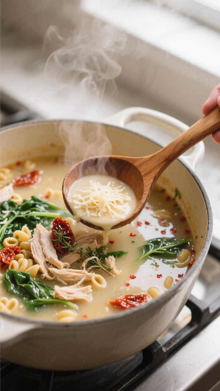 Cooking process, close-up detail: A steaming Dutch oven of creamy Marry Me Chicken Soup mid-finish, 