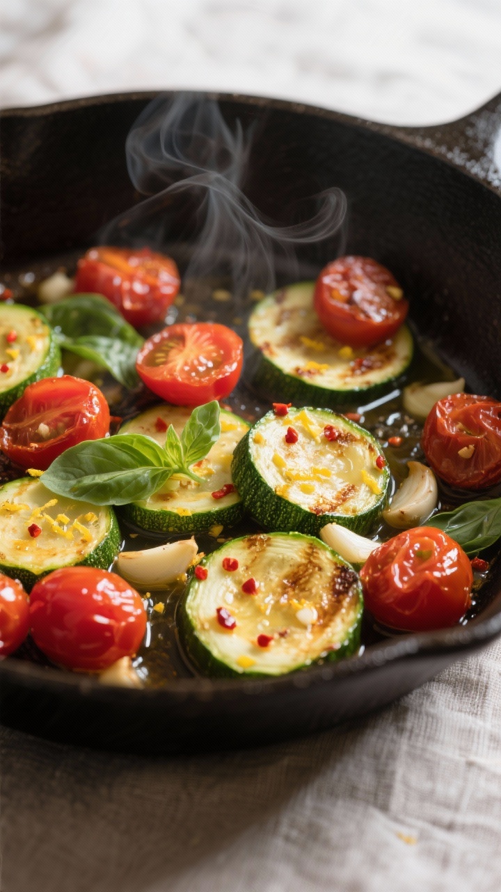 Cooking process, close-up detail: Close-up of zucchini half-moons and burst cherry tomatoes sizzling