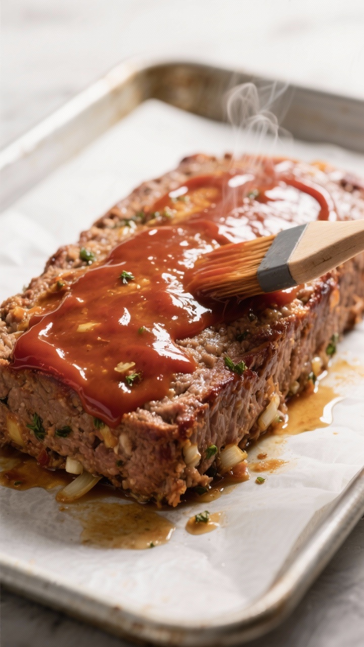 Cooking process, close-up detail: Free-form meatloaf on a sheet pan halfway through baking at 350°F