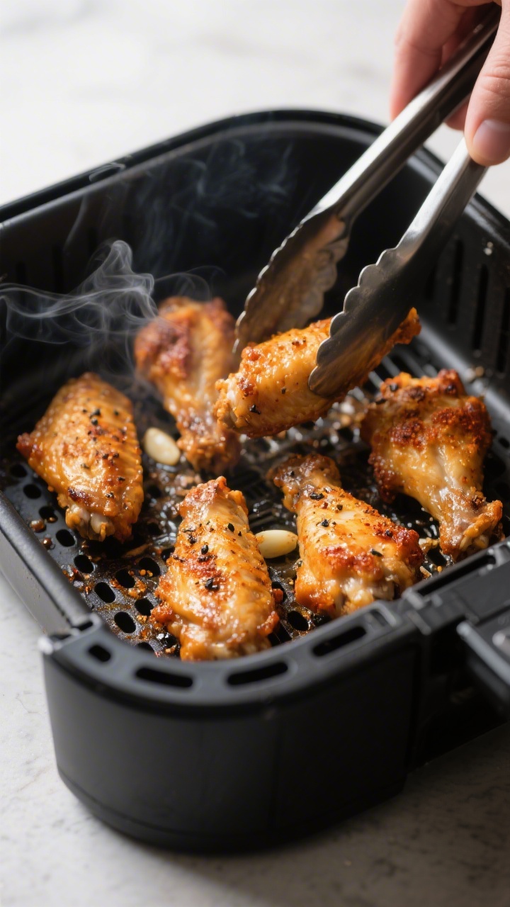 Cooking process, close-up detail: Golden-brown chicken wings sizzling in an open air fryer basket at