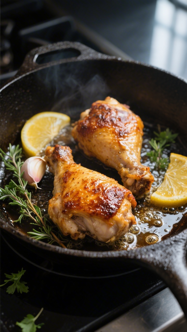 Cooking process, close-up detail: Golden, deeply browned bone-in chicken thighs sizzling skin-side u