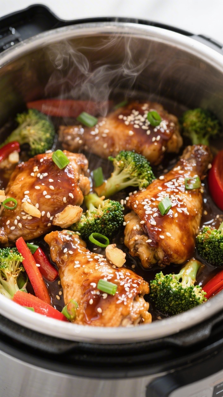 Cooking process, close-up detail: Instant Pot simmering Ginger Soy Sesame chicken thighs in glossy, 