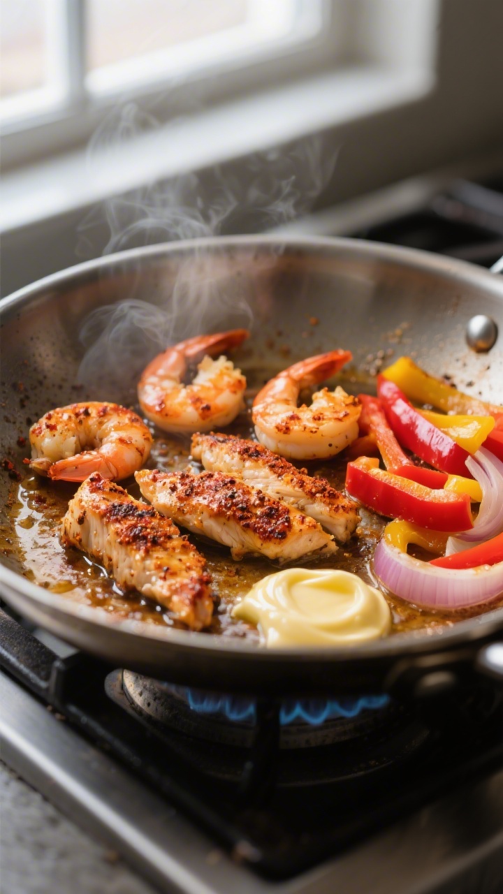 Cooking process, close-up detail: Searing Cajun-seasoned chicken strips and large shrimp in a wide s