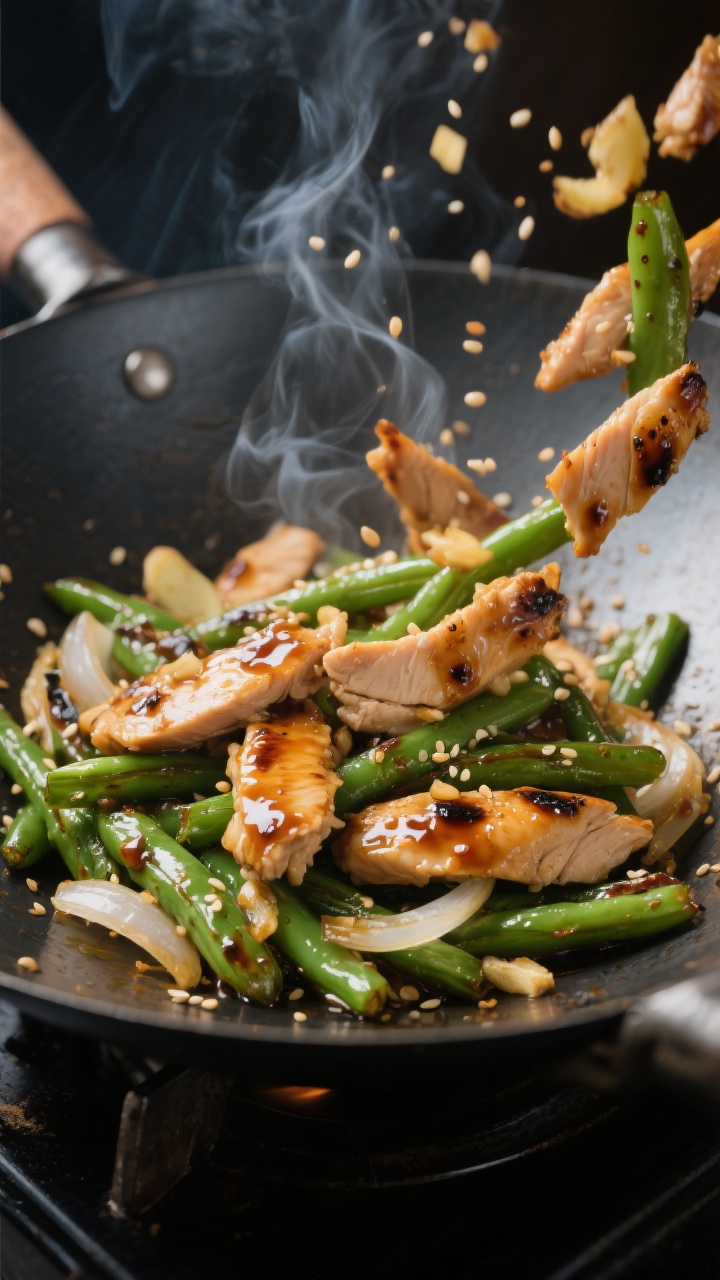 Cooking process, close-up detail: Searing hot wok shot of blistered, cooked green beans and thinly s