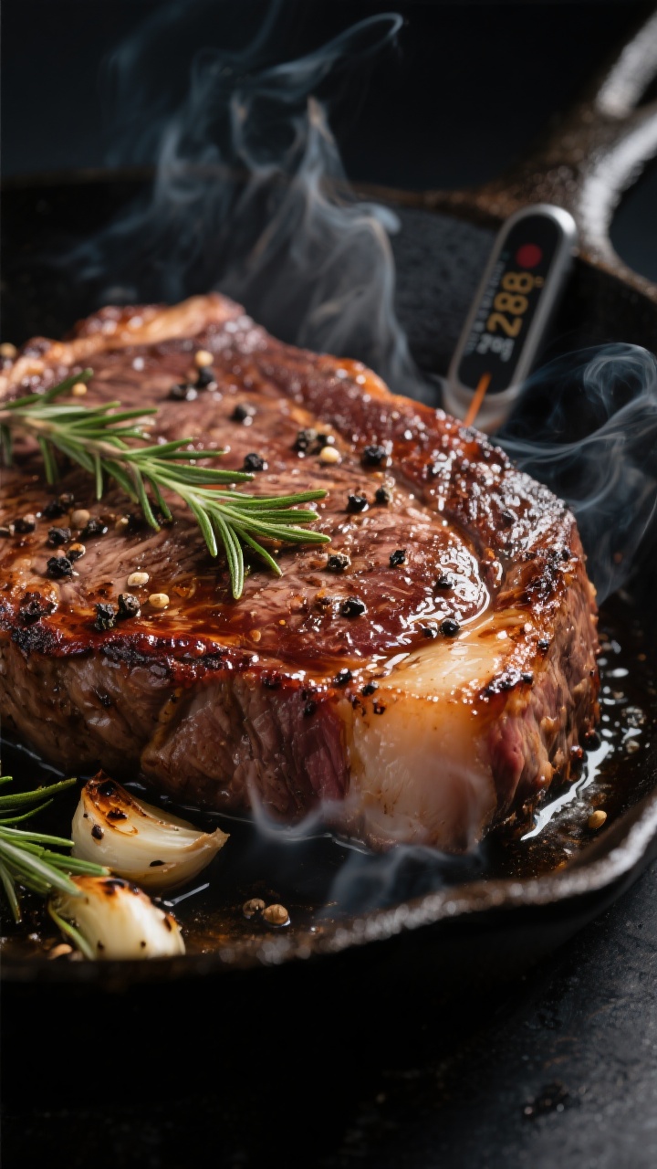 Cooking process, close-up detail: Searing marinated ribeye in a ripping-hot cast-iron skillet, extre