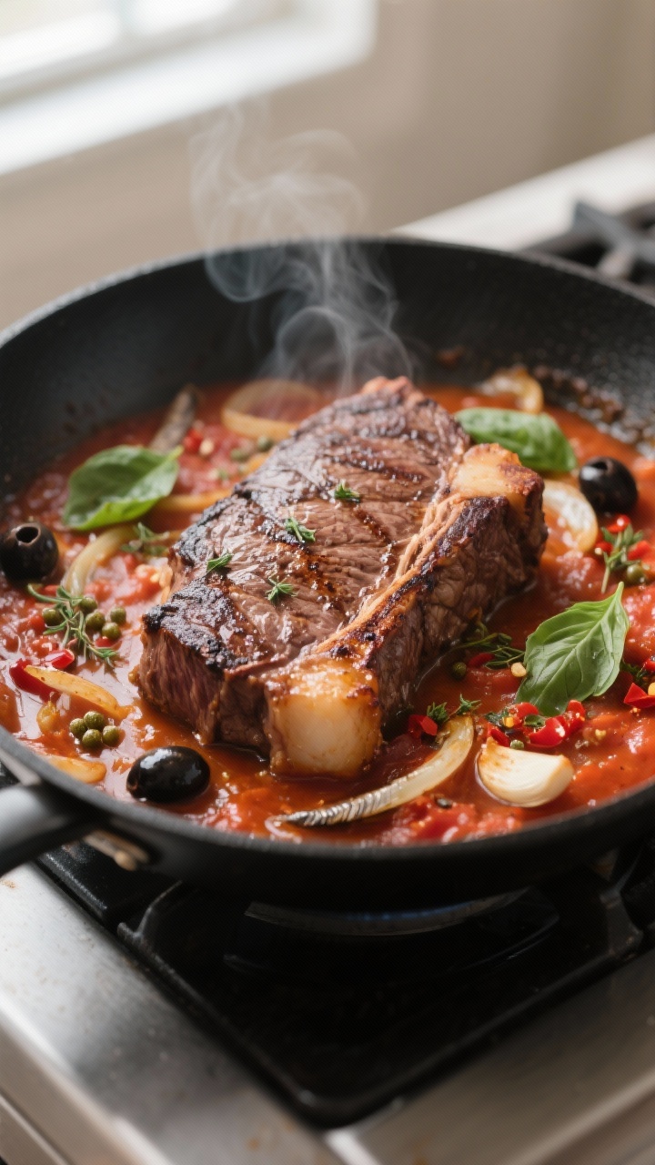 Cooking process, close-up detail: Searing thin-cut ribeye for steak pizzaiola in a large skillet, de