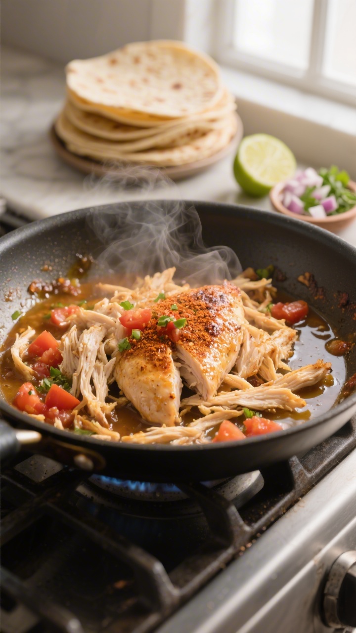Cooking process, close-up detail: Shredded rotisserie chicken sizzling in a wide skillet over medium