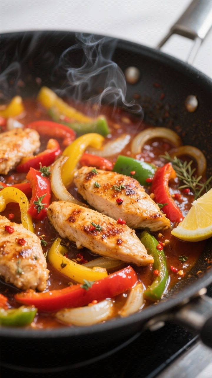 Cooking process, close-up detail: Sizzling chicken and peppers in a large skillet at medium-high hea