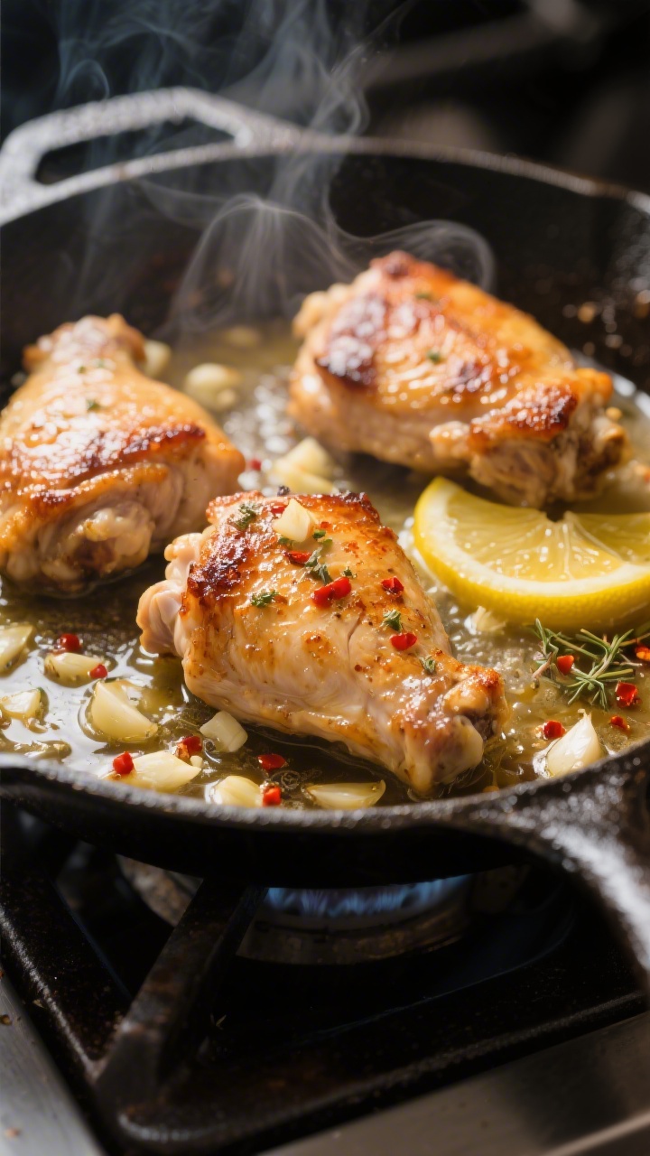 Cooking process, close-up detail: Sizzling lemon garlic chicken thighs in an oven-safe skillet mid-c