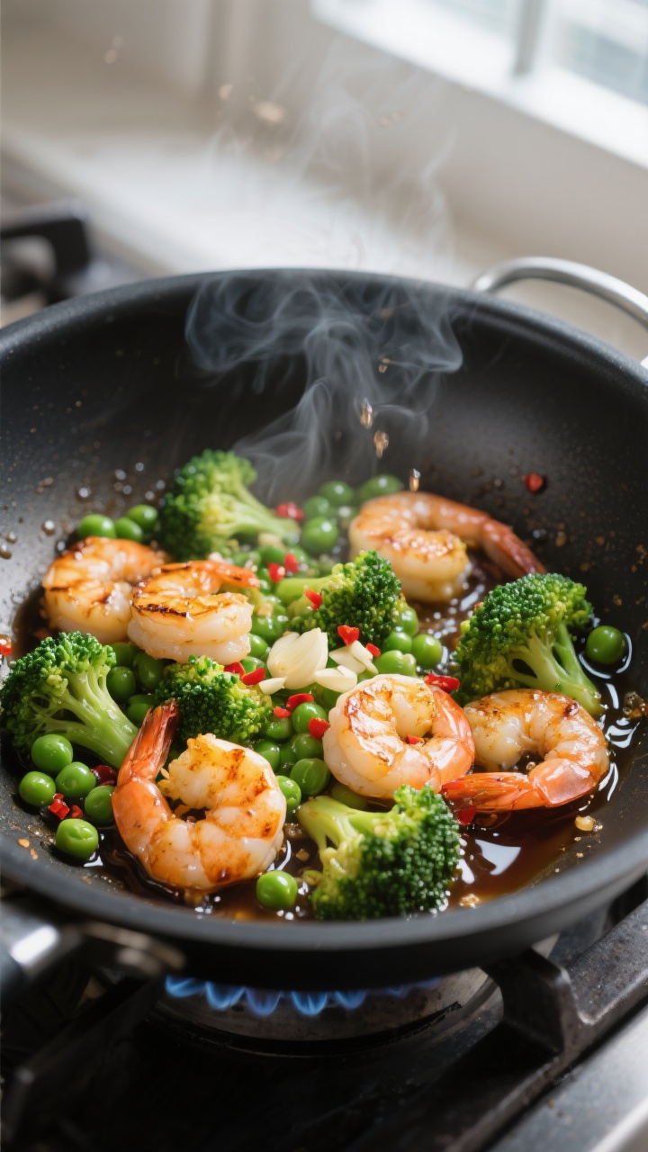 Cooking process, close-up detail: Sizzling shrimp and broccoli in a large black skillet over medium-
