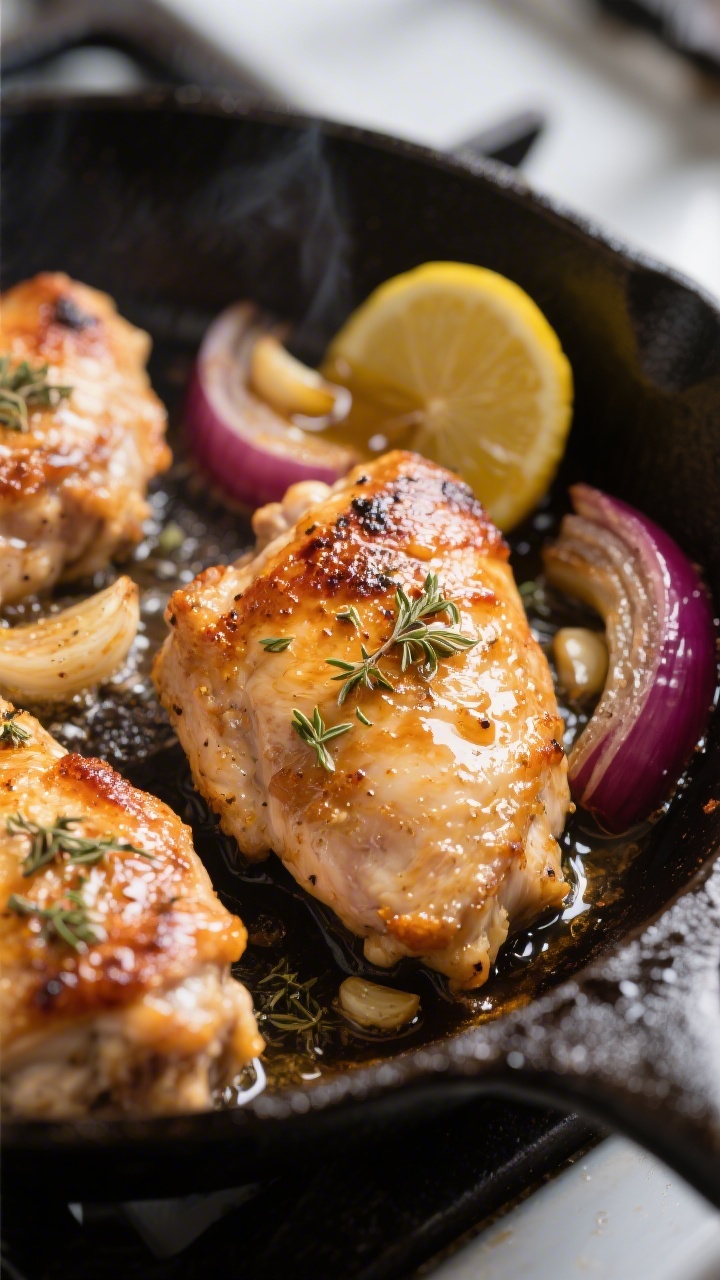 Cooking process, close-up detail: Skin-on Greek chicken thighs sizzling skin-side down in a cast-iro