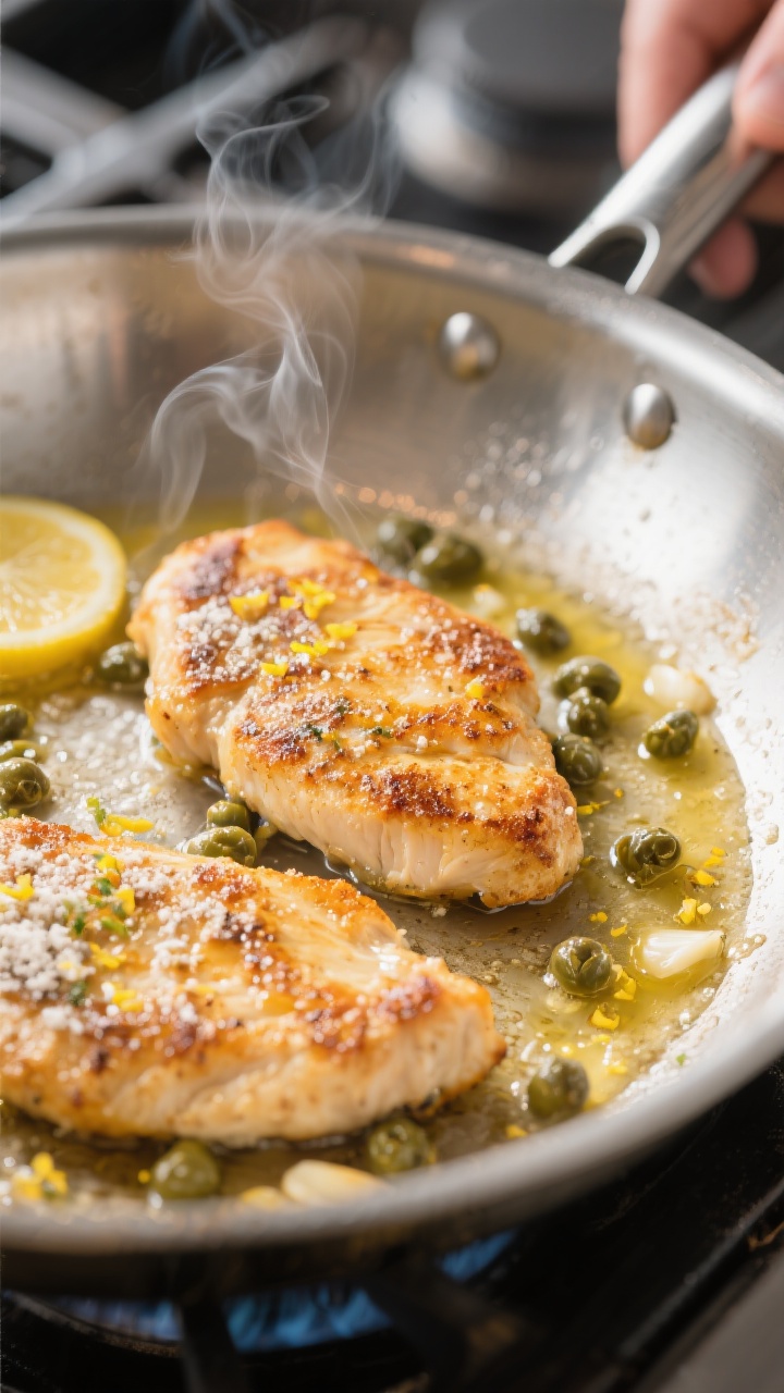 Cooking process close-up: Golden-brown chicken piccata cutlets sizzling in a stainless-steel skillet