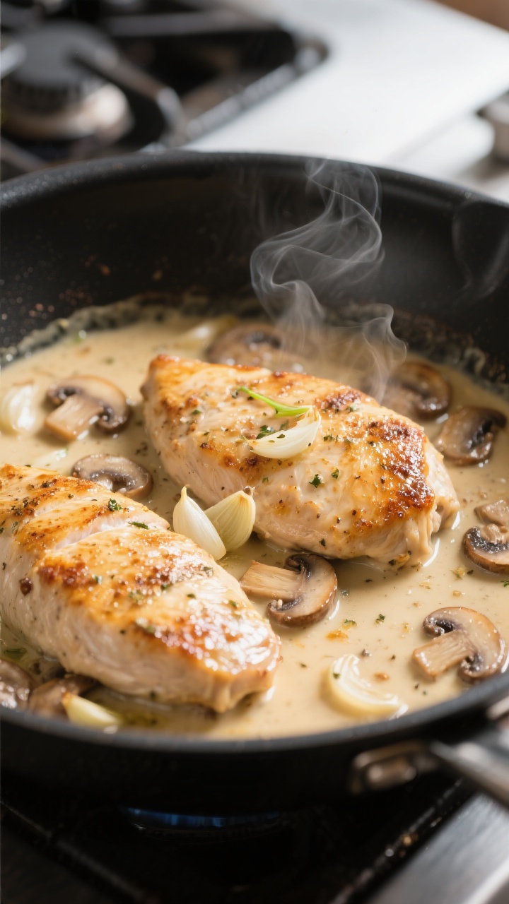 Cooking process close-up: Golden-seared chicken cutlets in a large skillet, bathed in a silky garlic