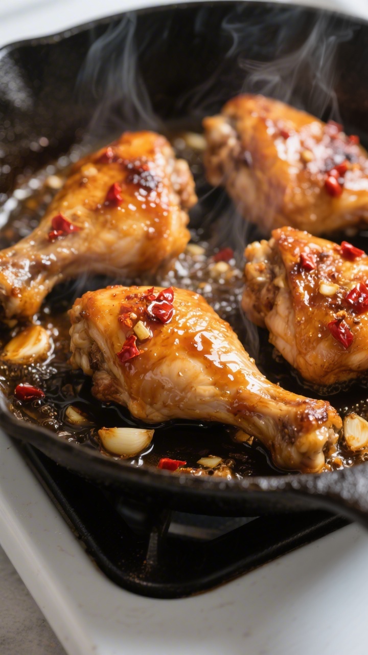 Cooking process, close-up: Honey Garlic Chicken Thighs sizzling in an oven-safe skillet, chicken sea