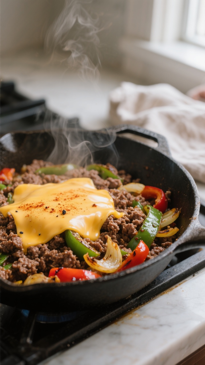 Cooking process close-up: In a large cast-iron skillet, browned crumbles of seasoned ground beef min