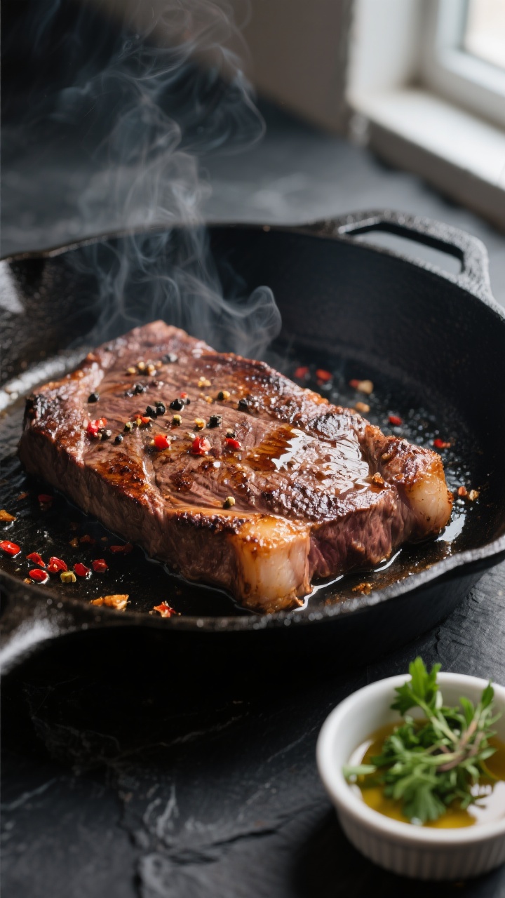 Cooking process close-up: Juicy flank steak sizzling in a hot cast-iron skillet, deeply browned crus