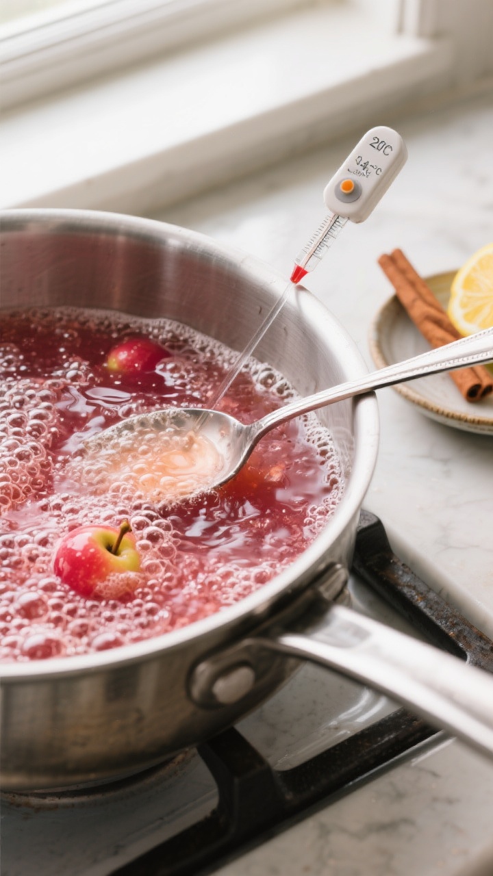 Cooking process – Close-up of jewel-toned crab apple jelly at a rolling boil in a wide, stainless 