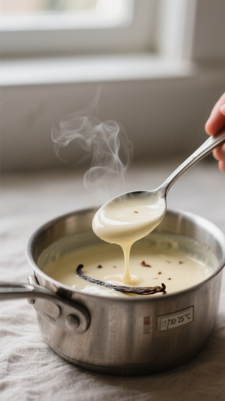 Cooking process — close-up of silky vanilla custard base coating the back of a spoon over a saucep