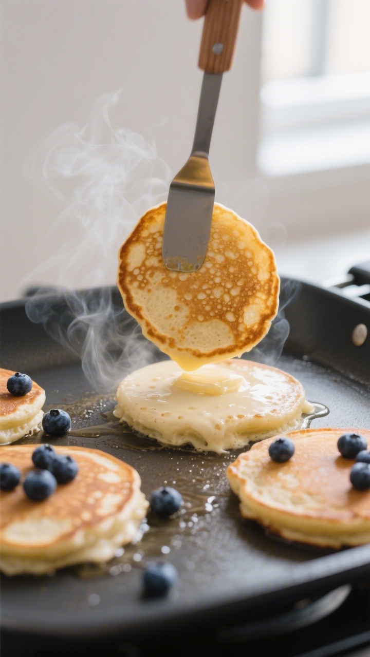 Cooking process close-up: Pancakes on a preheated nonstick griddle at medium heat, golden underside 
