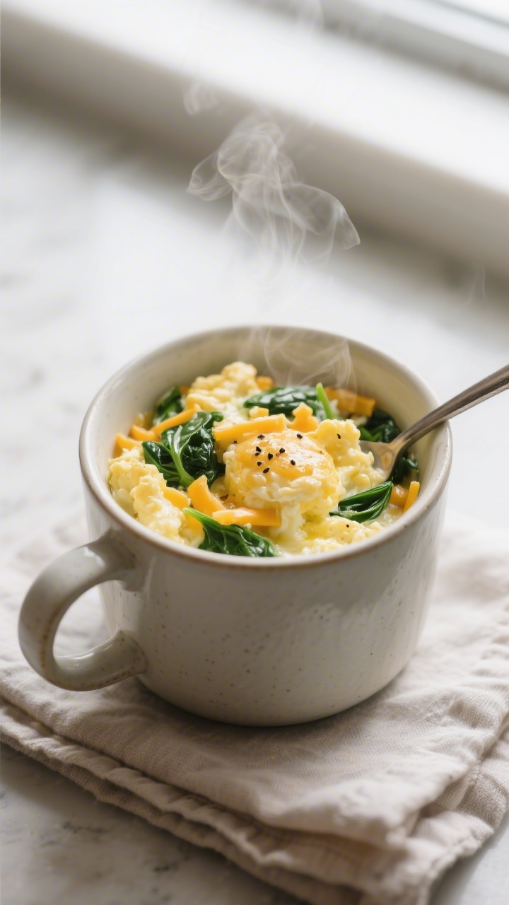 Cooking process, close-up: Quick Veggie Egg Mug mid-cook in a ceramic mug, fluffy curds of softly se
