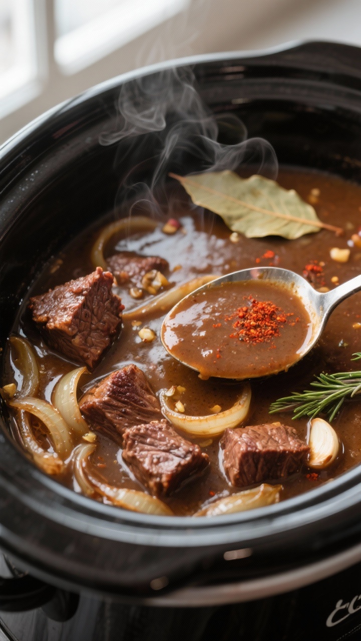 Cooking process close-up: Seared beef tips simmering in a slow cooker bath of rich brown beef gravy,