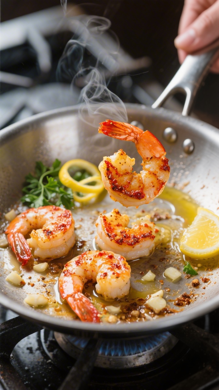 Cooking process close-up: Searing Cajun-spiced shrimp in a hot stainless-steel skillet, shrimp mid-f