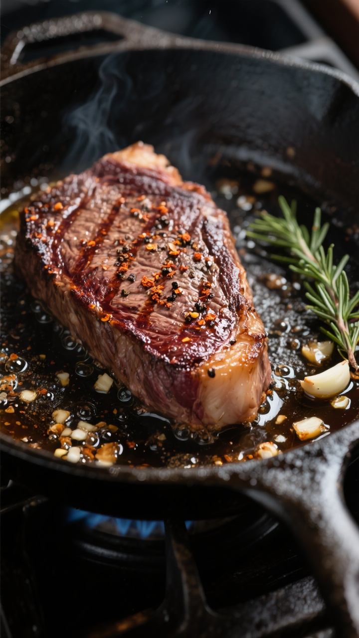 Cooking process close-up: Sirloin steak searing in a ripping-hot cast-iron skillet, deep mahogany cr