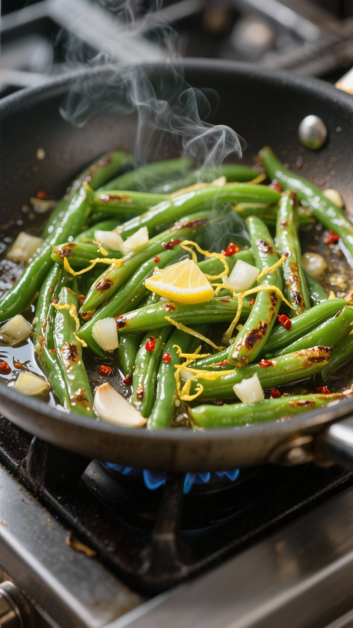 Cooking process close-up: Skillet Garlic-Lemon Green Beans searing in a large stainless skillet over