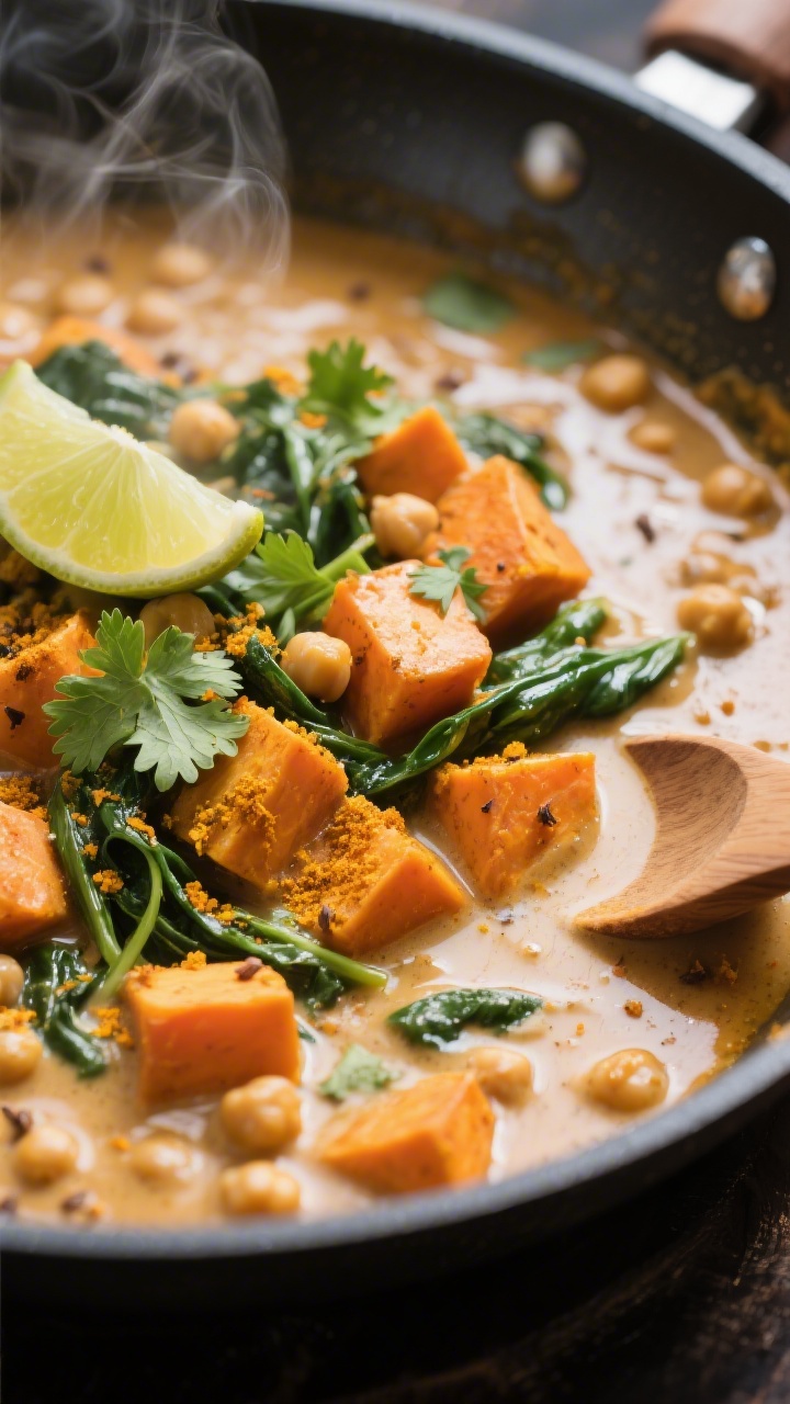 Cooking process close-up: sweet potato and chickpea curry simmering in a shallow stainless skillet, 