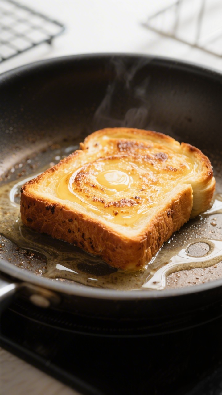 Cooking process close-up: Thick-cut brioche slice sizzling in a buttered nonstick skillet, surface t