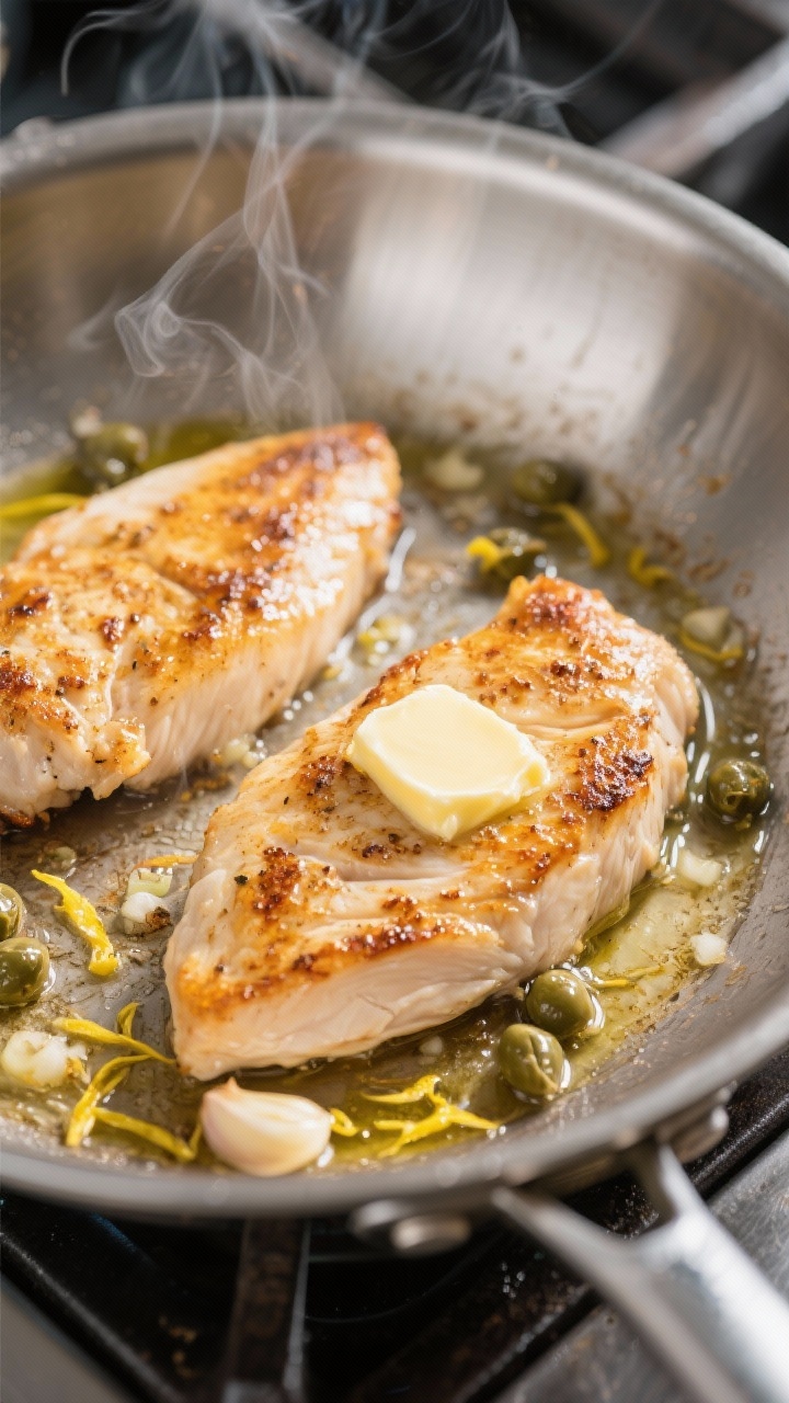Cooking process close-up: Thin-sliced chicken breast cutlets searing in a stainless steel skillet, g
