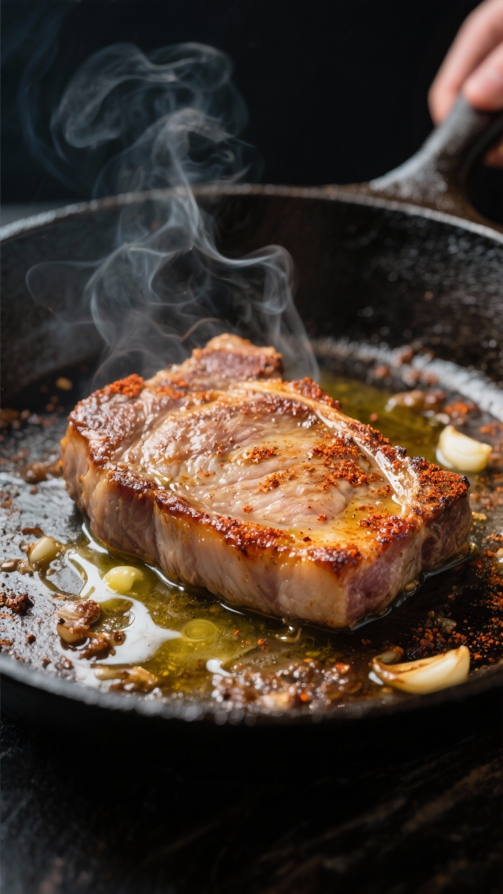 Cooking process close-up: Thin sliced pork chops searing in a heavy cast-iron skillet, 1/4-inch chop