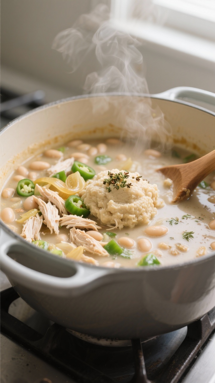 Cooking process close-up: White chicken chili simmering in a matte enamel Dutch oven, close-up of cr