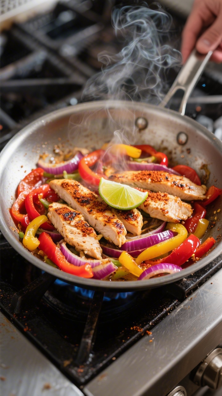 Cooking process — One-Pan Chicken Fajita Bowls: Sizzling chicken strips and tender-crisp bell pepp