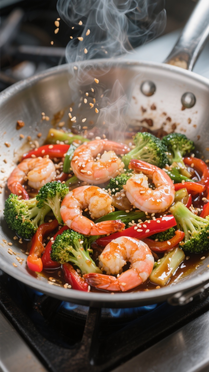 Cooking process — One-pan Shrimp and Broccoli Stir-Fry sizzling in a wide stainless-steel skillet: