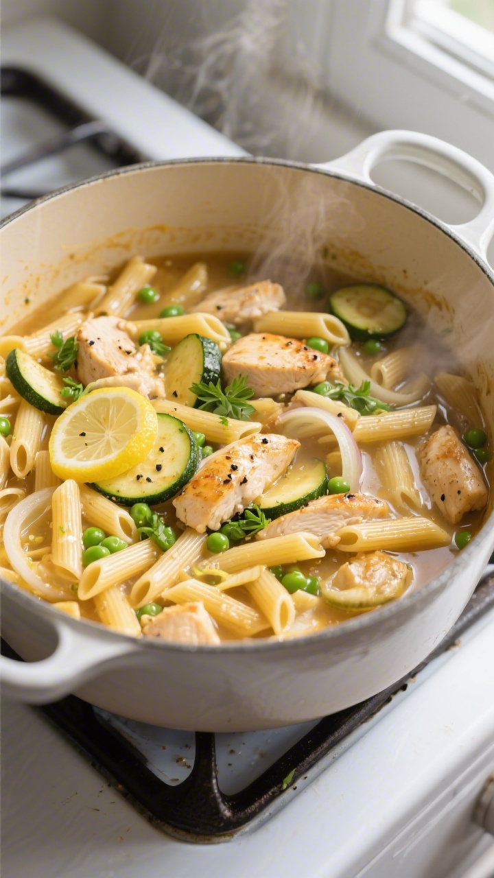 Cooking process, overhead: One-pot Lemon Garlic Chicken pasta simmering in a wide Dutch oven, overhe