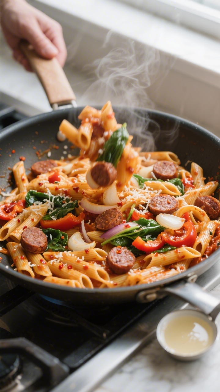 Cooking process, overhead shot: All-Purpose Skillet Pasta mid-toss in a wide sauté pan, glossy al d