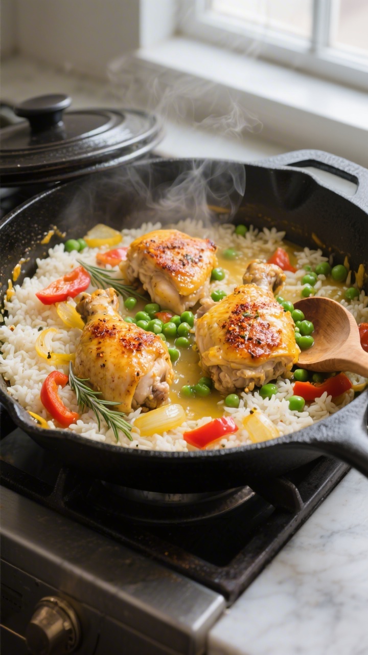 Cooking process, overhead skillet action: Overhead shot of a large, heavy black skillet on the stove