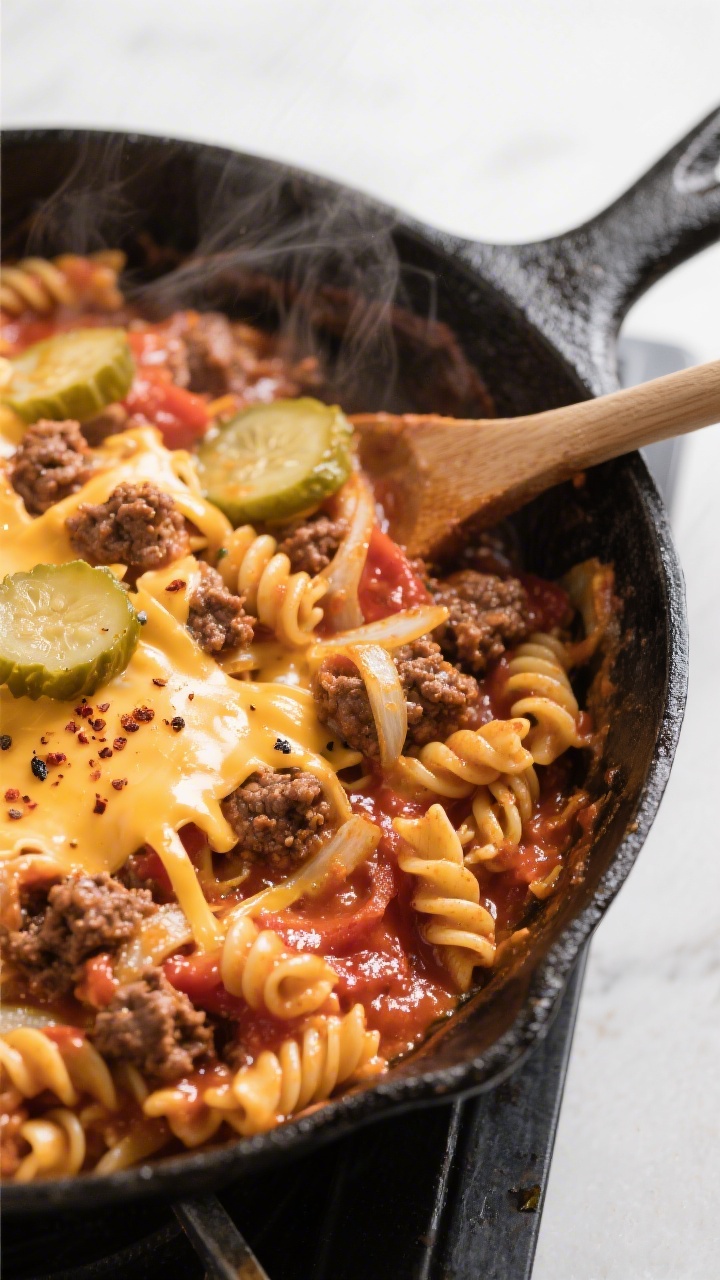 Cooking process, overhead skillet: Overhead shot of a one-pan Cheeseburger Pasta Skillet bubbling in
