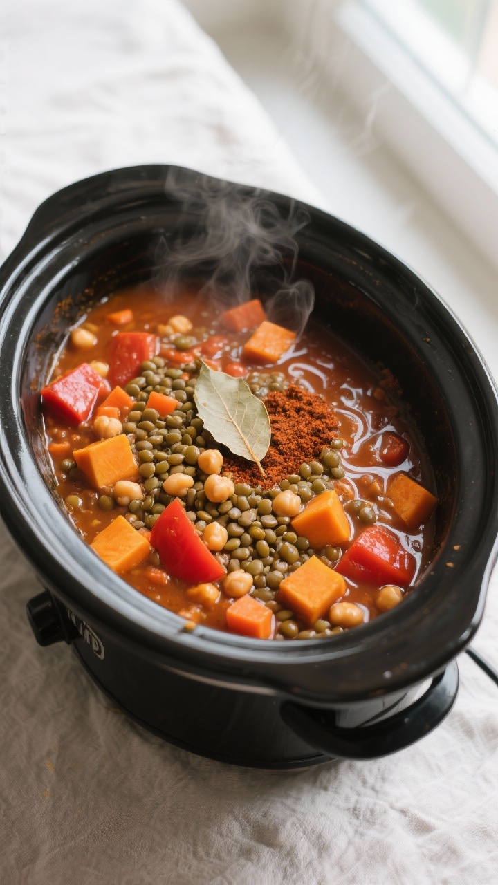 Cooking process, overhead: Slow cooker bubbling vegetarian lentil–chickpea stew mid-cook, thick an