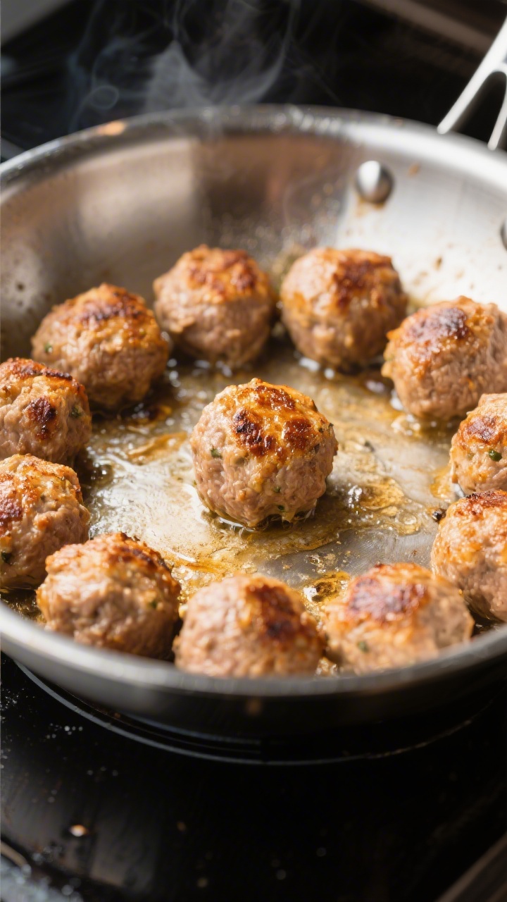 Cooking process: Pan-seared meatballs browning in a large stainless steel skillet, golden crust form