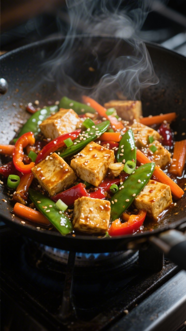 Cooking process — Spicy Tofu Veggie Stir-Fry: Close-up of golden, crisp-edged tofu cubes sizzling 