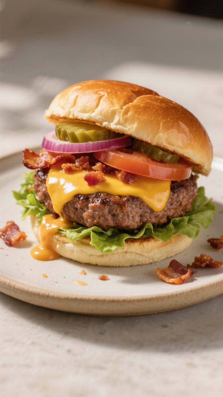 Final burger hero, overhead top-view: Fully assembled “Ultimate Crack Burger” on a lightly toast