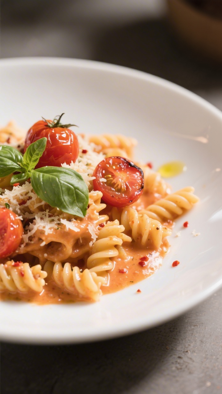 Final dish, close-up detail: Creamy Tomato Basil one-pot pasta plated in a shallow white bowl, tight