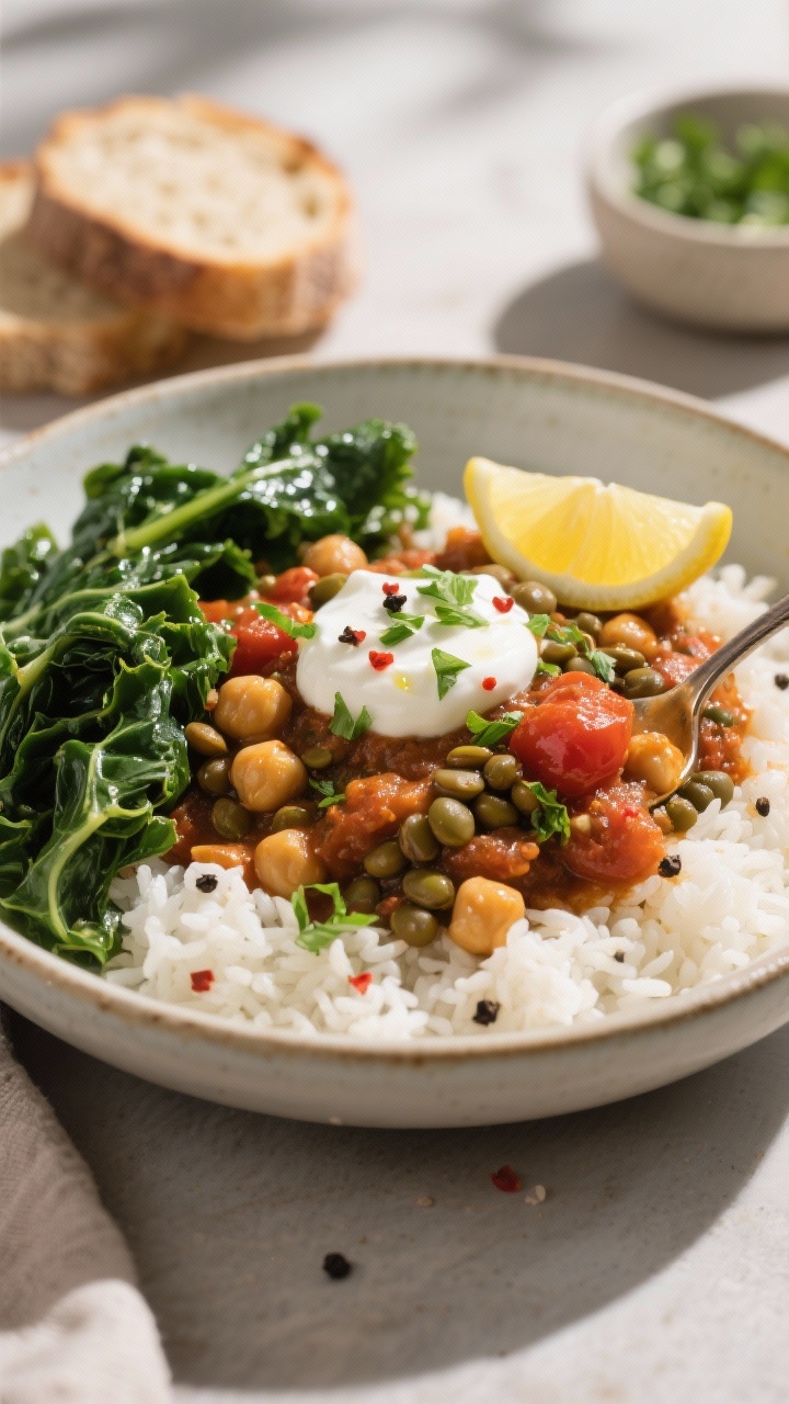 Final dish, close-up detail: Hearty Mediterranean-leaning lentil and chickpea stew spooned over fluf