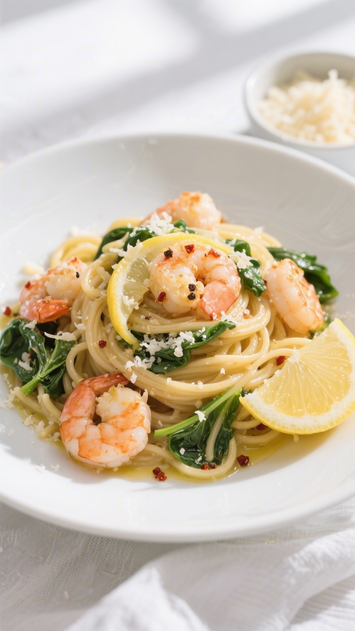 Final dish — Lemon-Garlic Shrimp Pasta: Beautifully plated spaghetti swirled into nests on a wide 