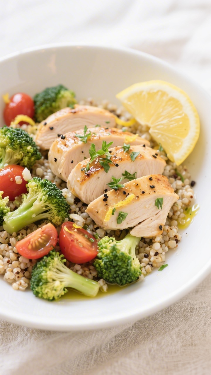 Final dish — Lemon Herb Chicken and Quinoa Bowl: Overhead shot of a beautifully plated bowl with f