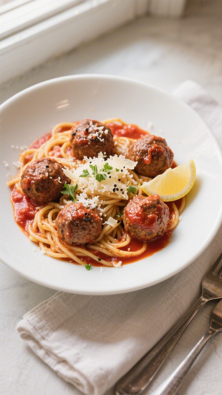 Final dish, overhead: Classic spaghetti and marinara meatballs plated in a wide, shallow white bowl;